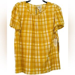 New! St John’s Bay Womens Size OX Gold Yellow Gingham Check Plaid Flutter Sleeve